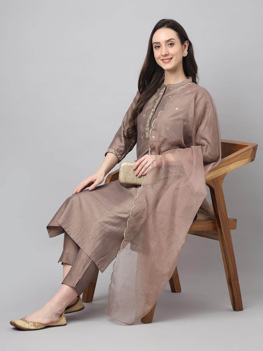 Women's Brown Chinon Solid Kurta with Pant and Dupatta