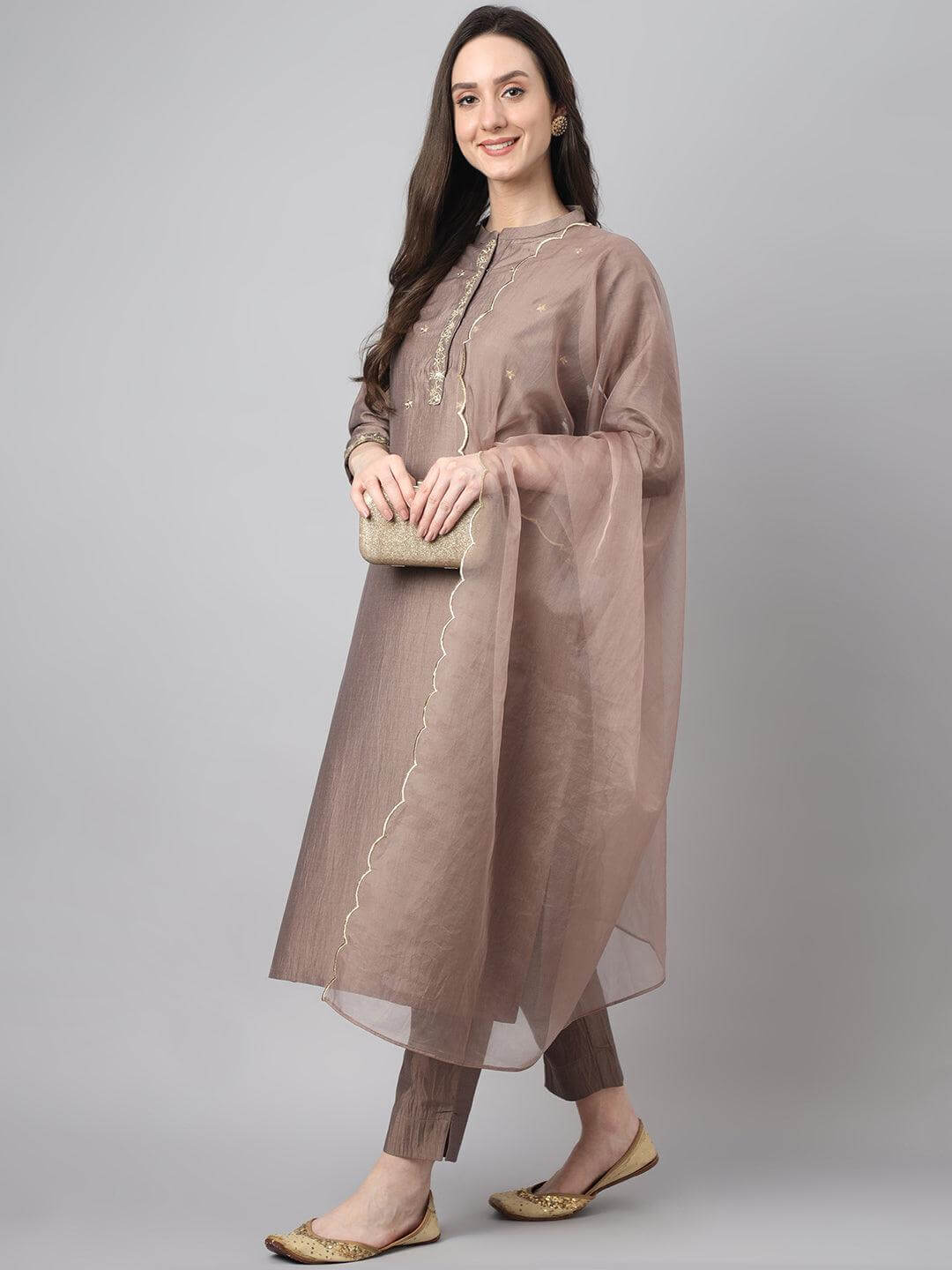 Women's Brown Chinon Solid Kurta with Pant and Dupatta