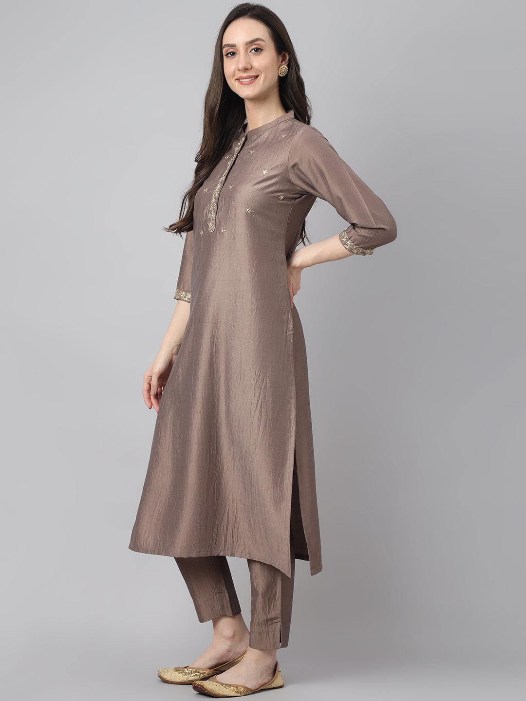 Women's Brown Chinon Solid Kurta with Pant and Dupatta