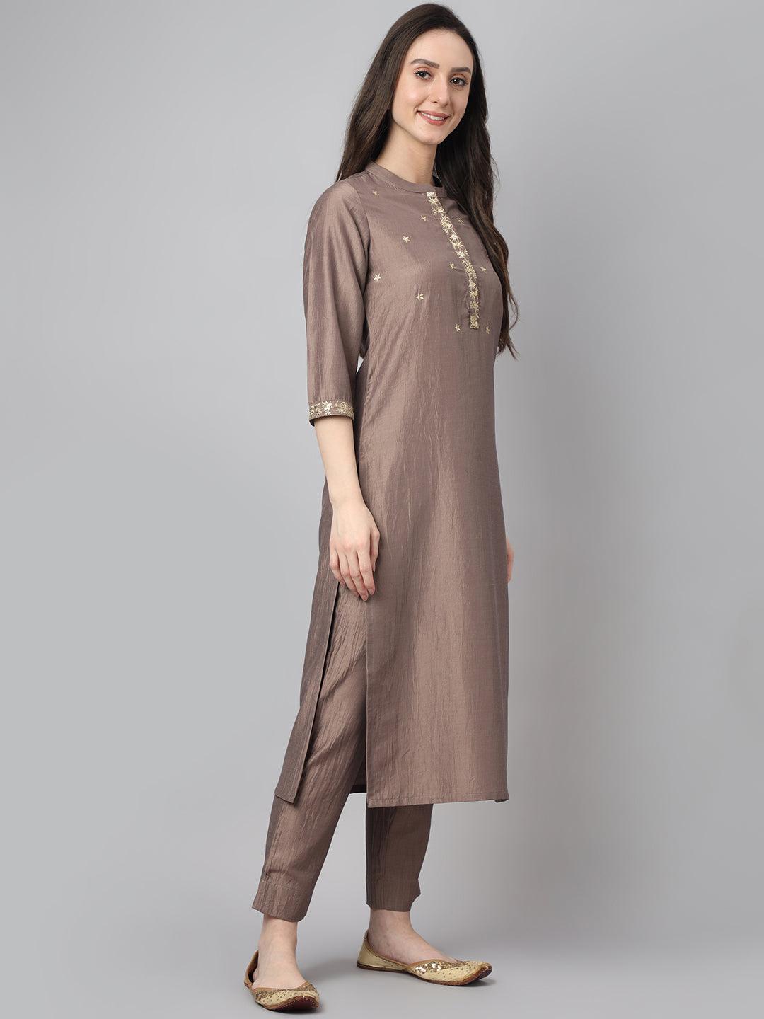 Women's Brown Chinon Solid Kurta with Pant and Dupatta