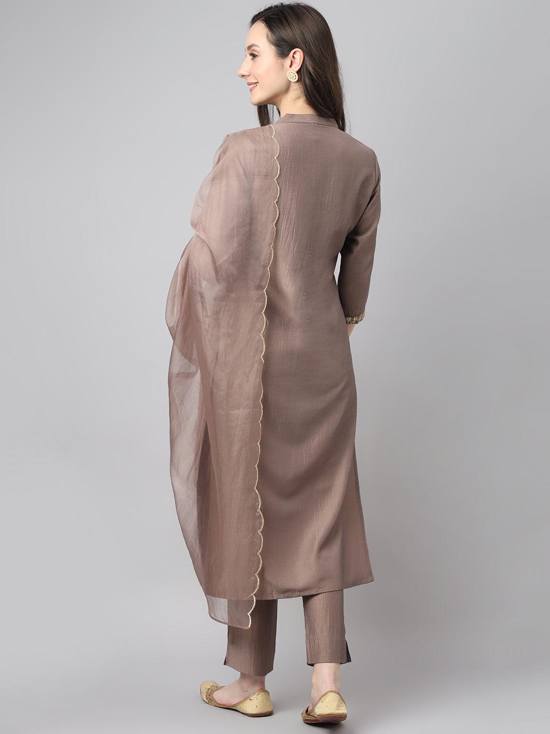 Women's Brown Chinon Solid Kurta with Pant and Dupatta