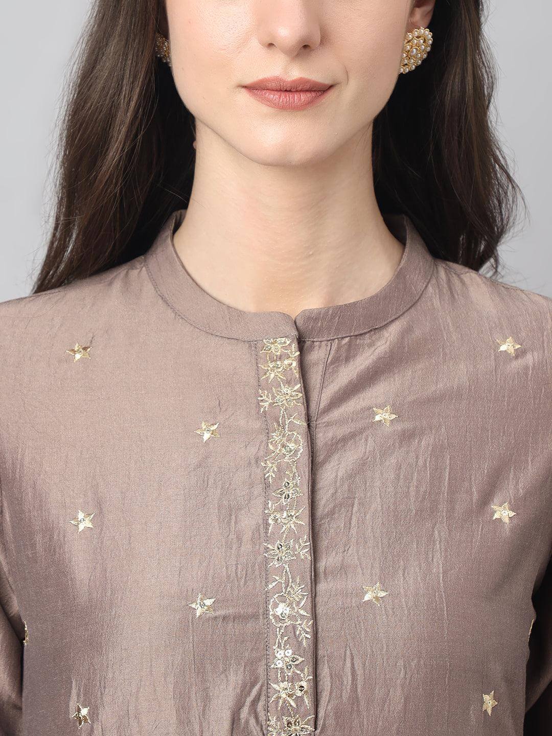 Women's Brown Chinon Solid Kurta with Pant and Dupatta