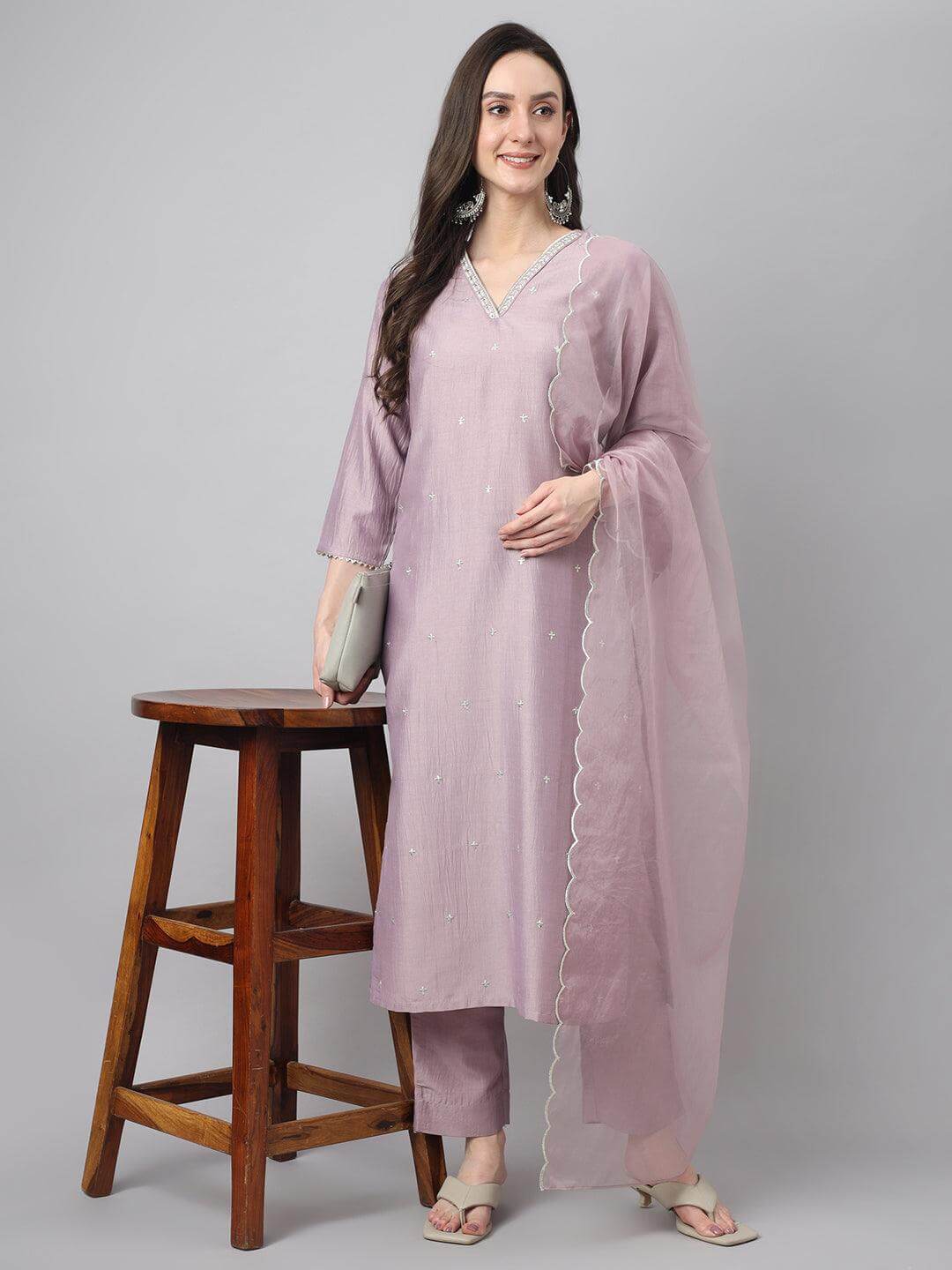 Women's Lavender Chinon Embellished Kurta with Pant and Dupatta