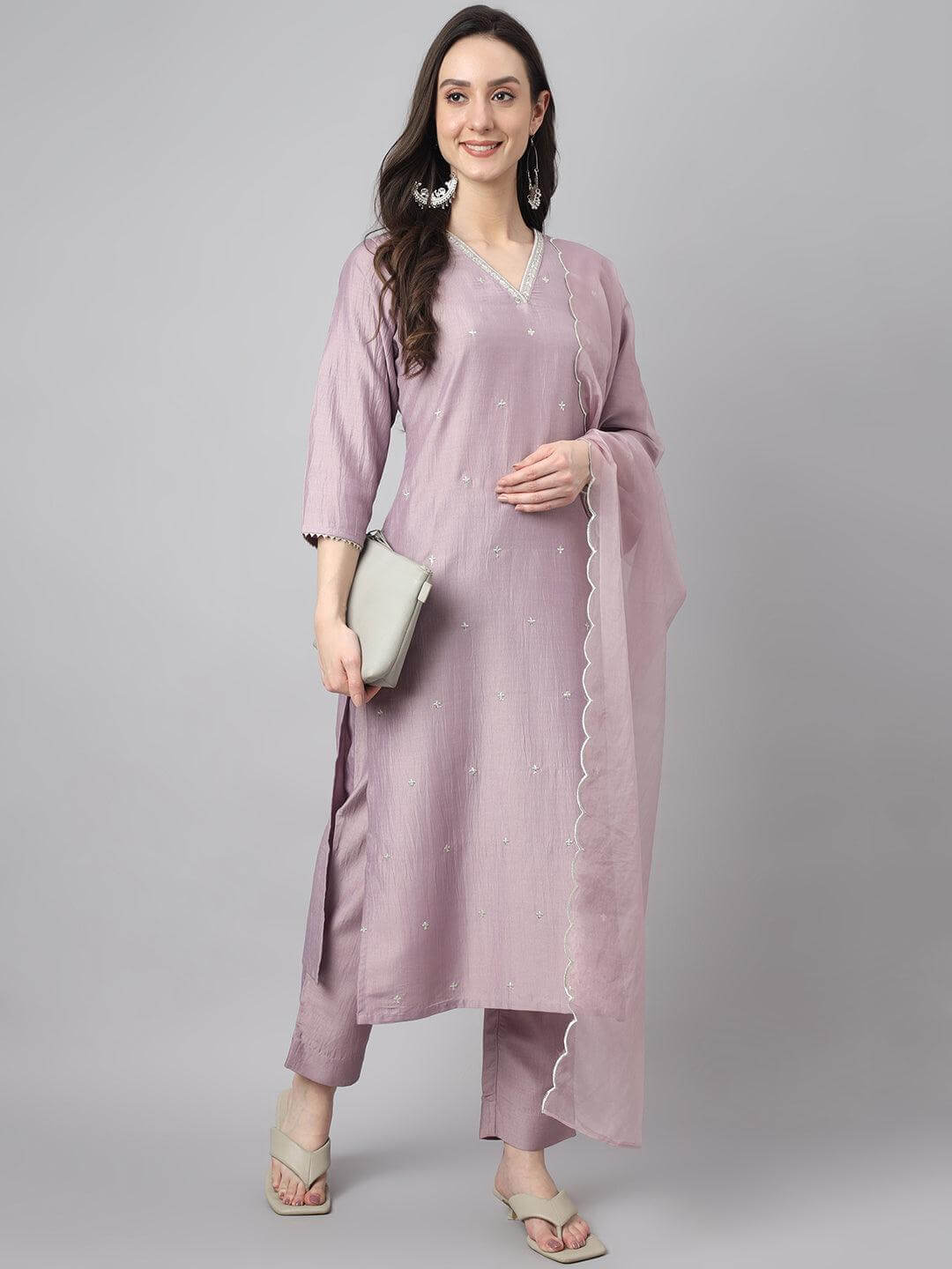 Women's Lavender Chinon Embellished Kurta with Pant and Dupatta