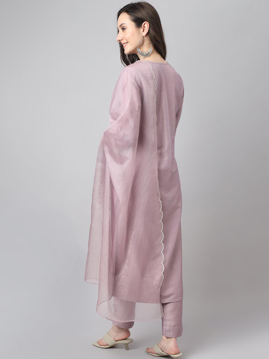Women's Lavender Chinon Embellished Kurta with Pant and Dupatta
