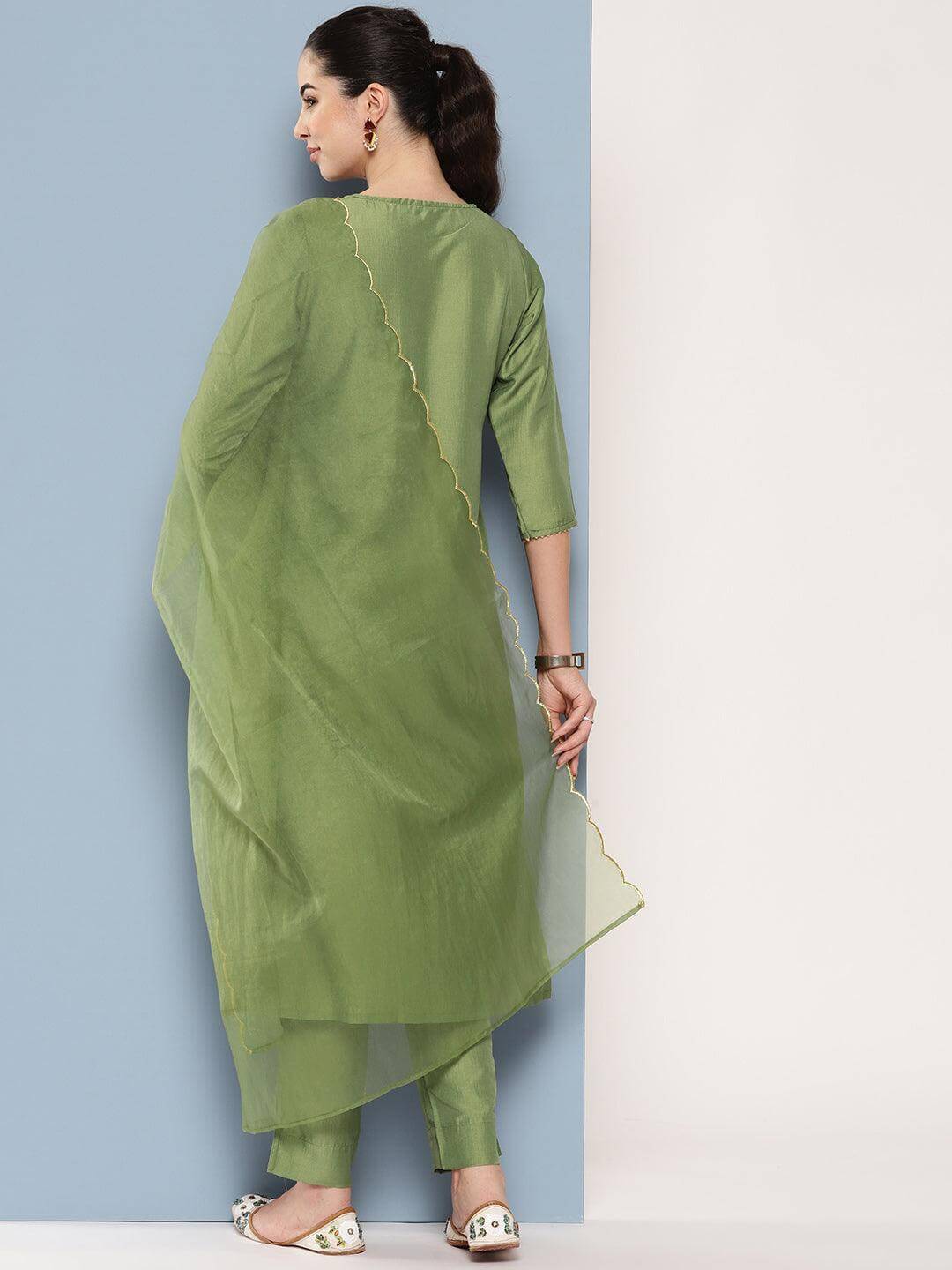 Green Chinon Solid Kurta with Pant and Dupatta