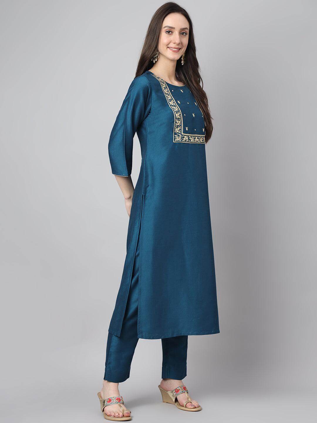 Women's Teal Chinon Solid Kurta with Pant and Dupatta