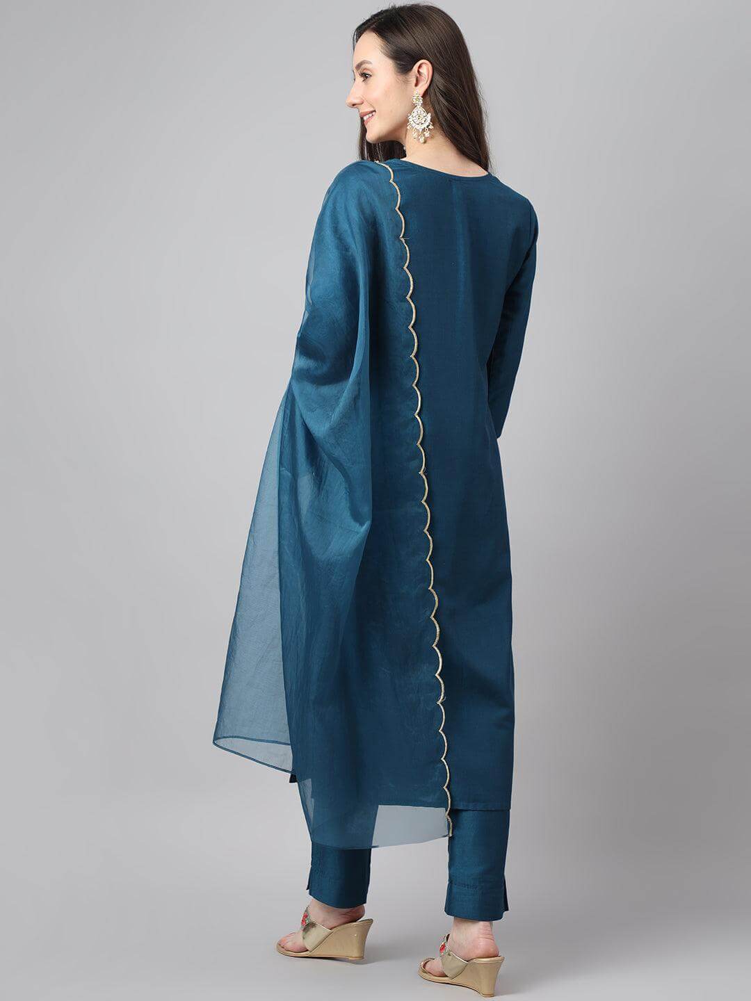 Women's Teal Chinon Solid Kurta with Pant and Dupatta