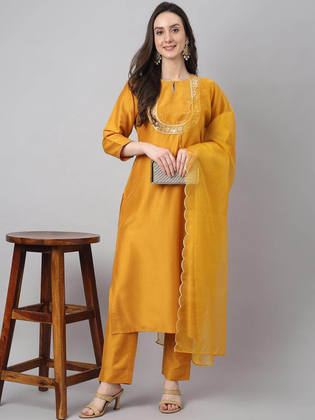 Women's Mustard Chinon Solid Kurta with Pant and Dupatta