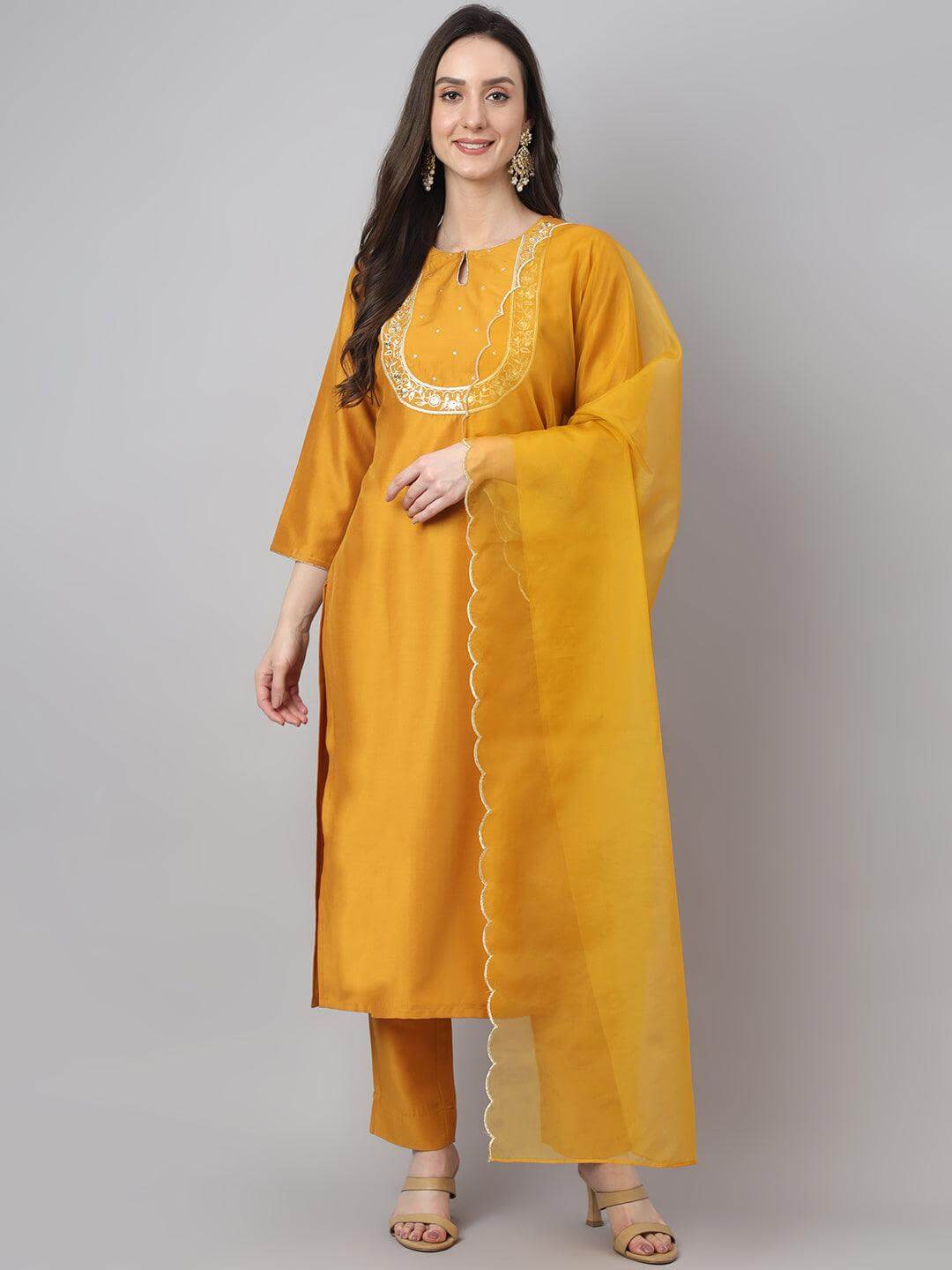 Women's Mustard Chinon Solid Kurta with Pant and Dupatta