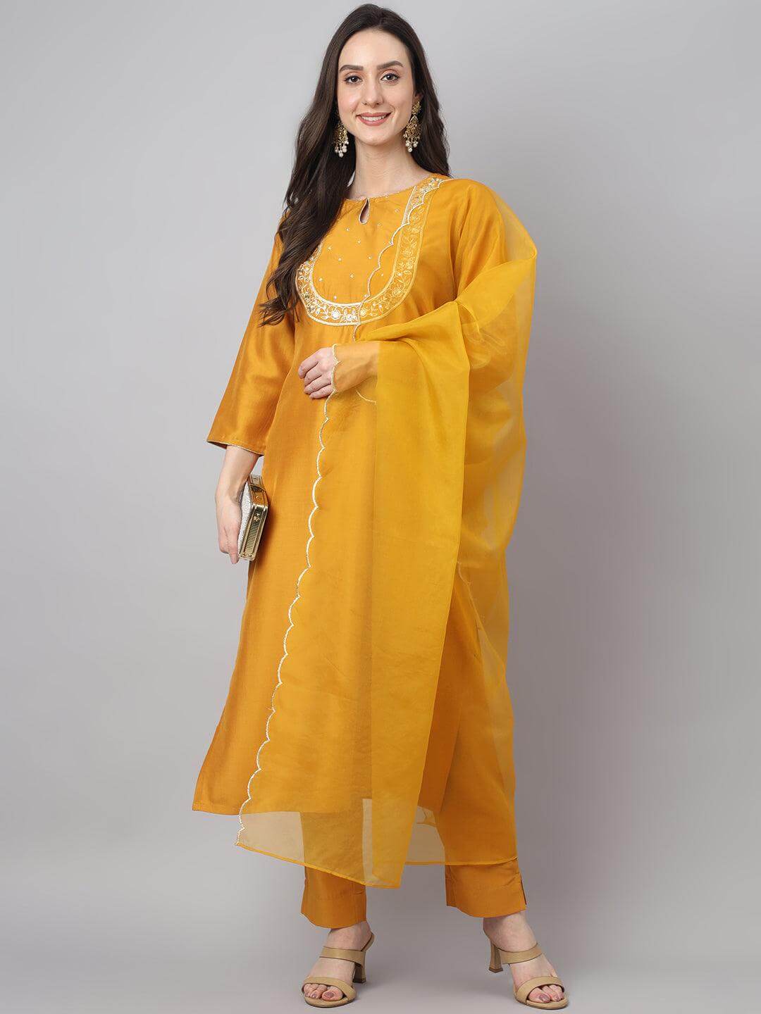 Women's Mustard Chinon Solid Kurta with Pant and Dupatta