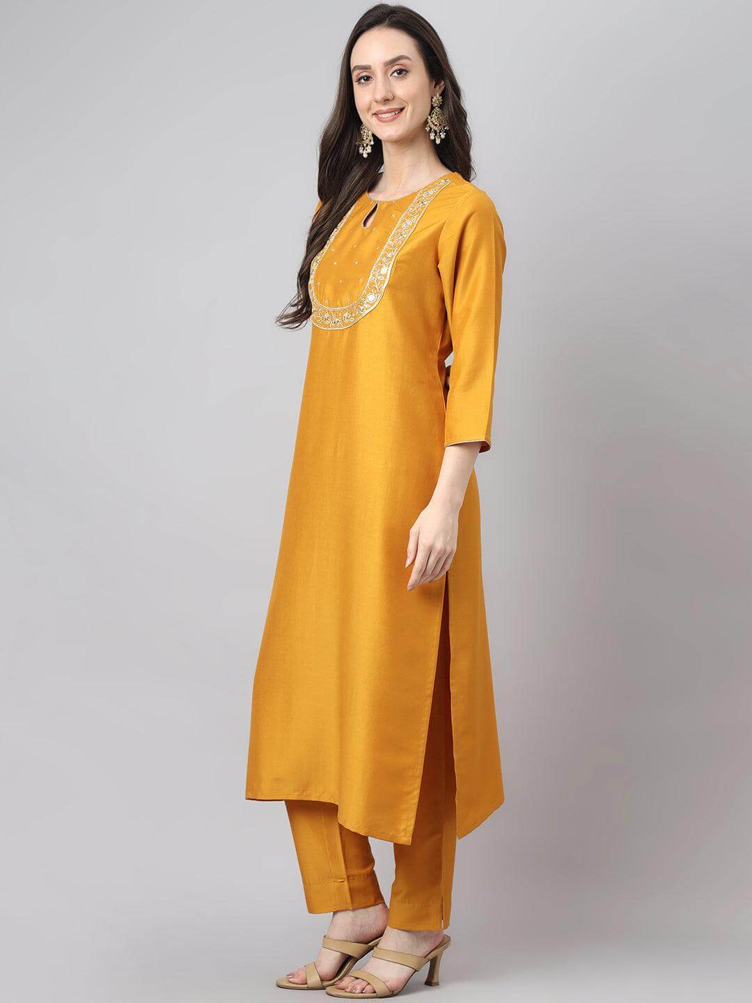 Women's Mustard Chinon Solid Kurta with Pant and Dupatta