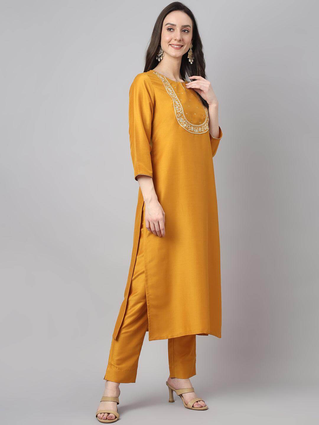Women's Mustard Chinon Solid Kurta with Pant and Dupatta
