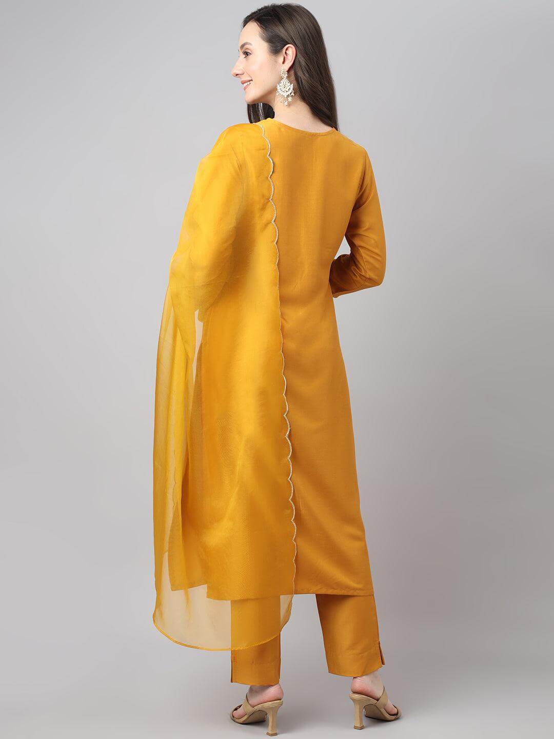 Women's Mustard Chinon Solid Kurta with Pant and Dupatta