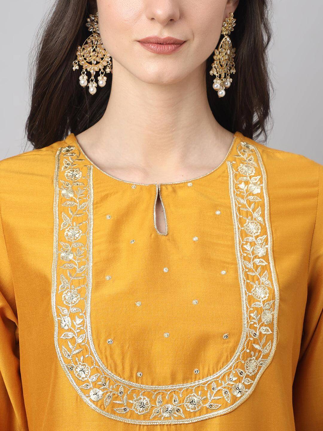 Women's Mustard Chinon Solid Kurta with Pant and Dupatta