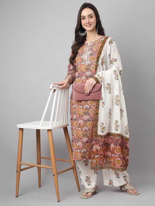 Women's Pink  Cotton Floral Print Kurta with Palazzo and Dupatta