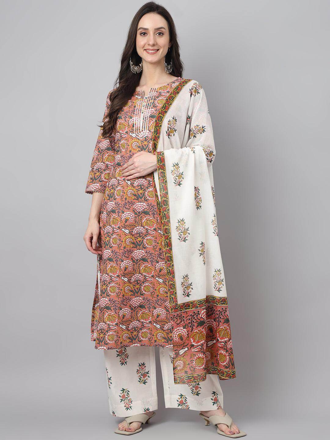 Women's Pink  Cotton Floral Print Kurta with Palazzo and Dupatta