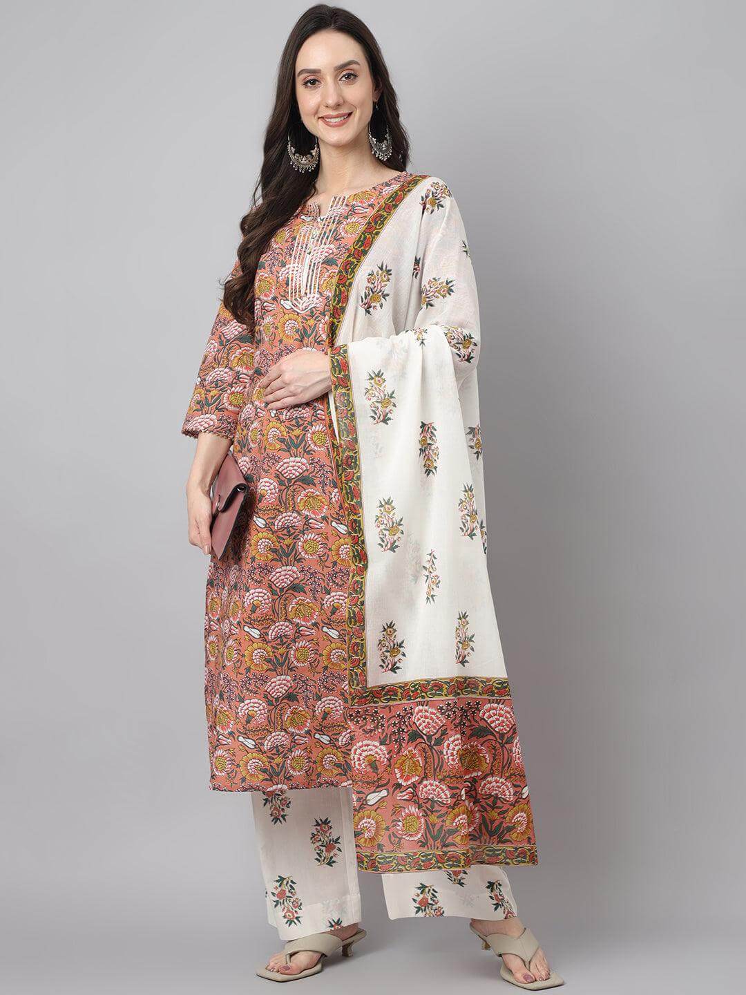 Women's Pink  Cotton Floral Print Kurta with Palazzo and Dupatta