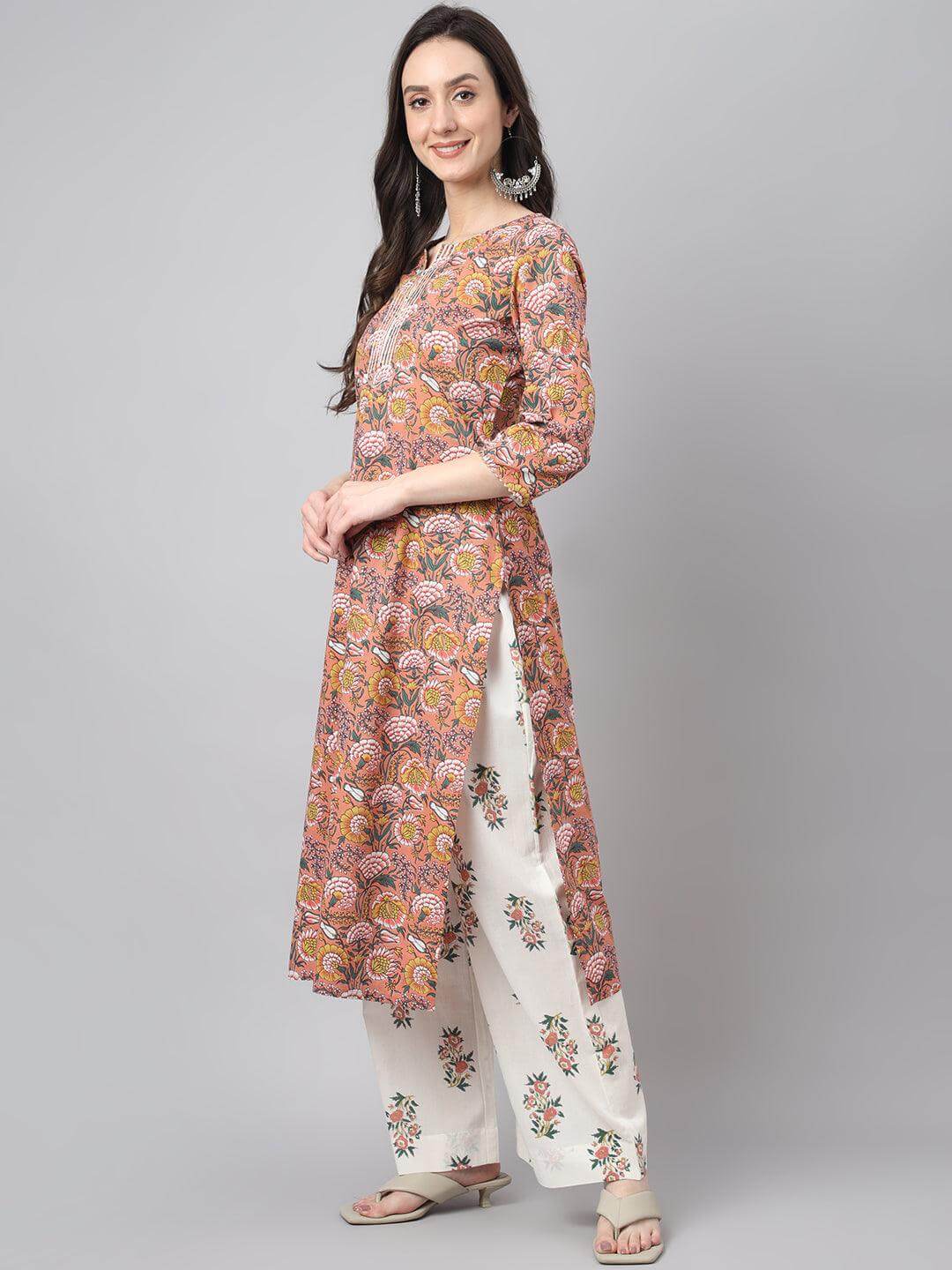 Women's Pink  Cotton Floral Print Kurta with Palazzo and Dupatta