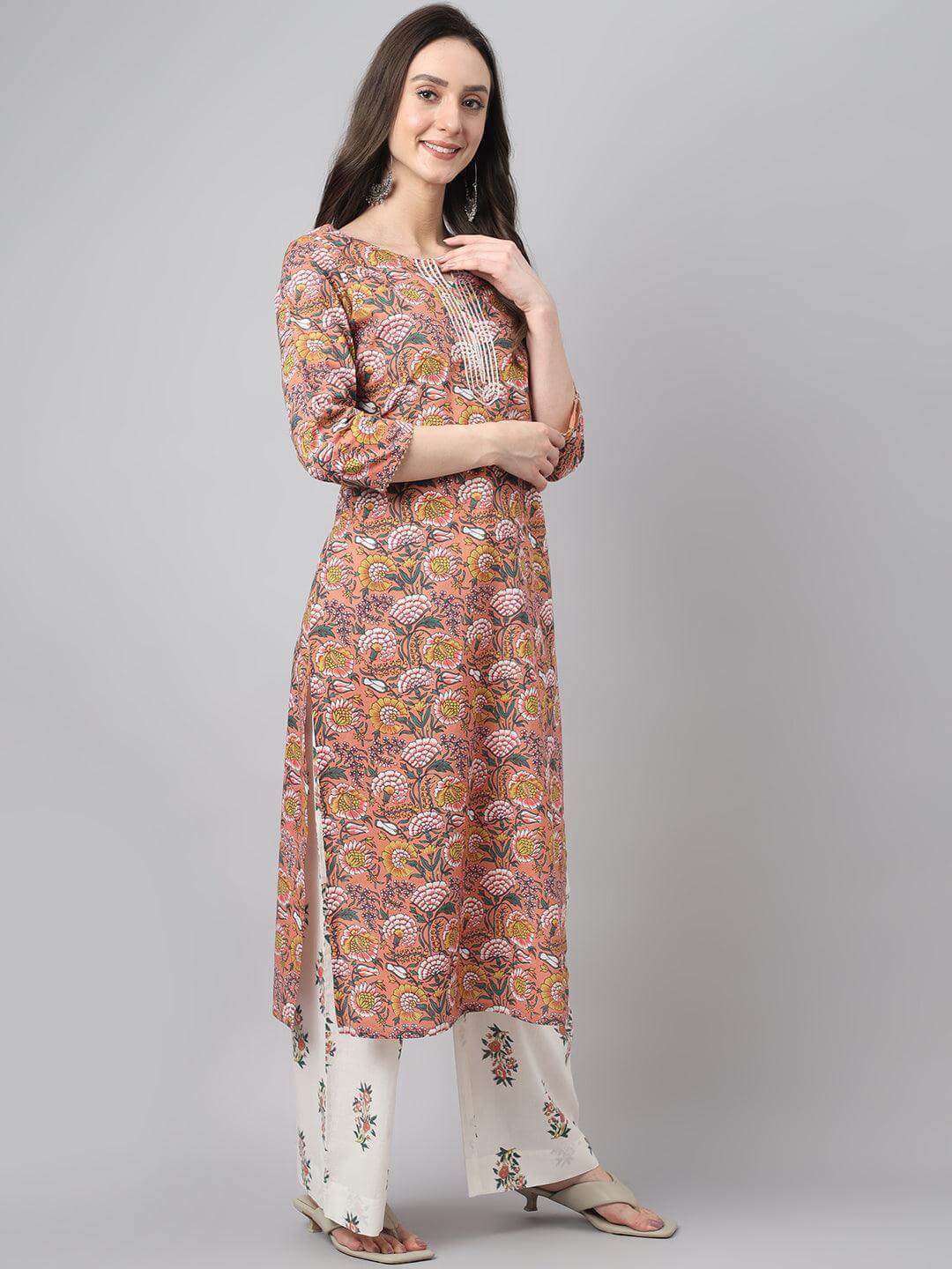 Women's Pink  Cotton Floral Print Kurta with Palazzo and Dupatta