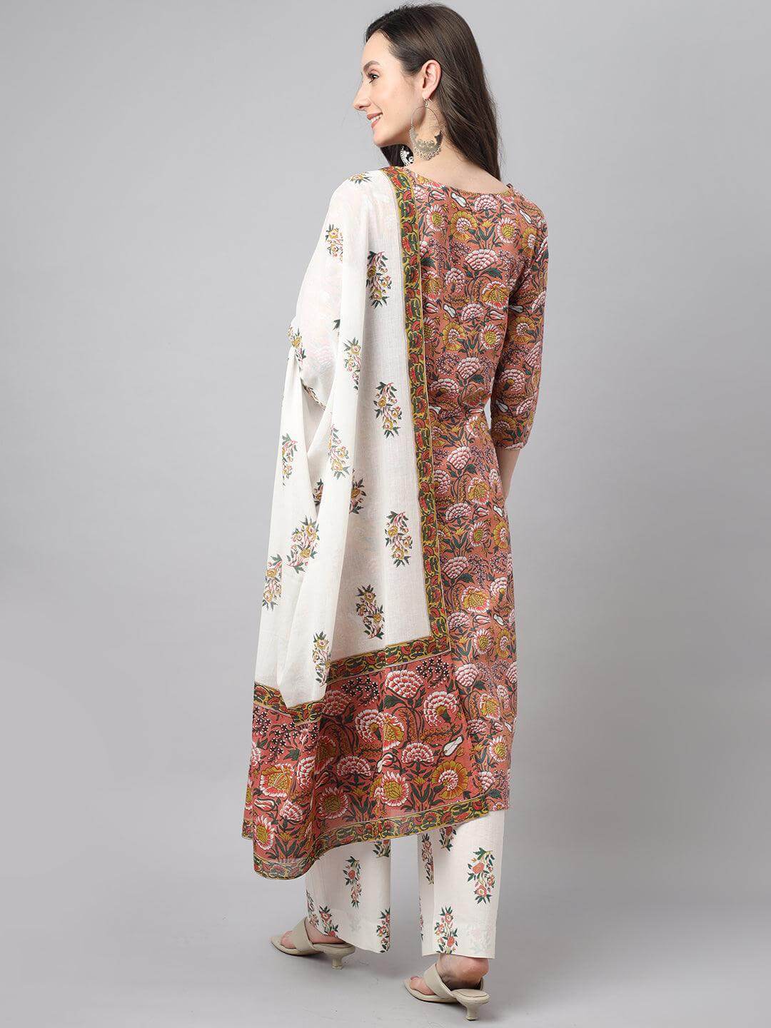 Women's Pink  Cotton Floral Print Kurta with Palazzo and Dupatta