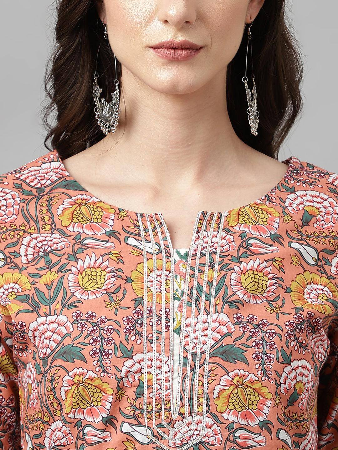 Women's Pink  Cotton Floral Print Kurta with Palazzo and Dupatta