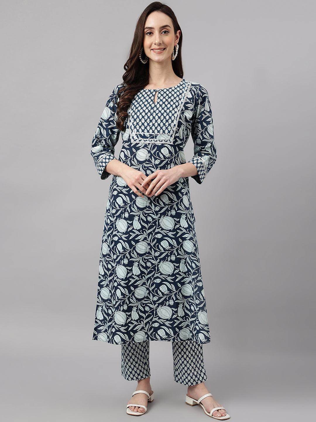 Women's Navy Blue Cotton Botanical Prints Kurta with Pant