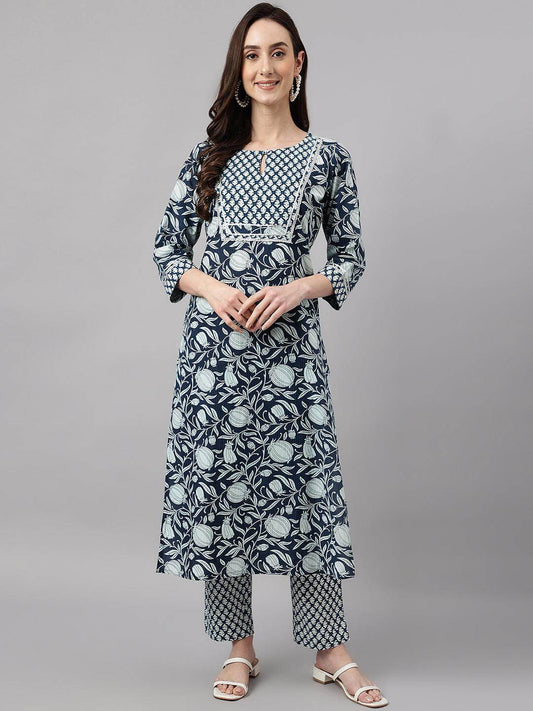 Women's Navy Blue Cotton Botanical Prints Kurta with Pant