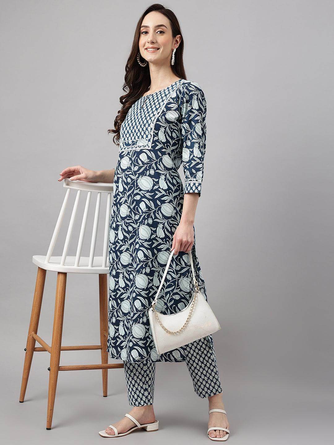 Women's Navy Blue Cotton Botanical Prints Kurta with Pant