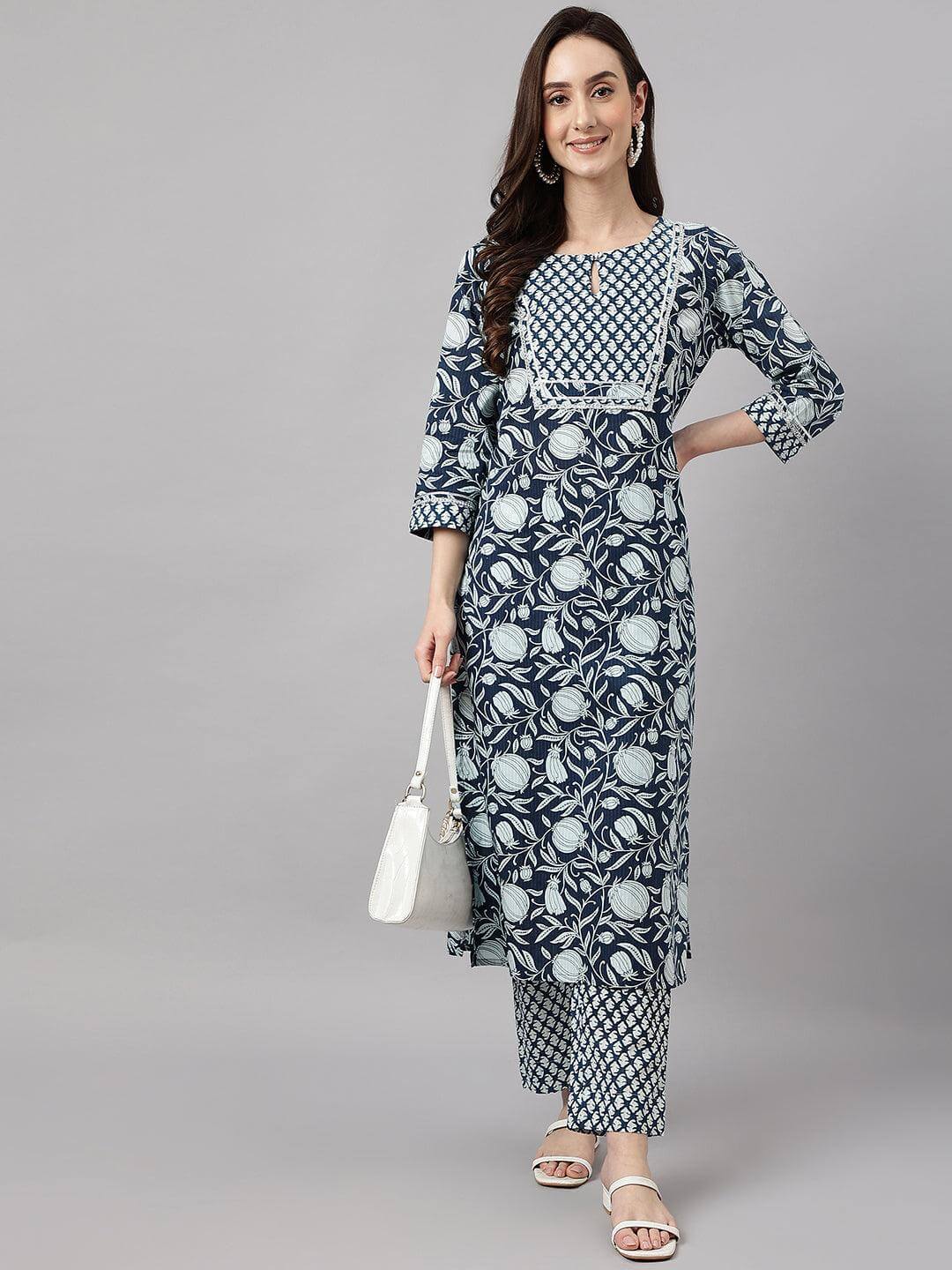 Women's Navy Blue Cotton Botanical Prints Kurta with Pant