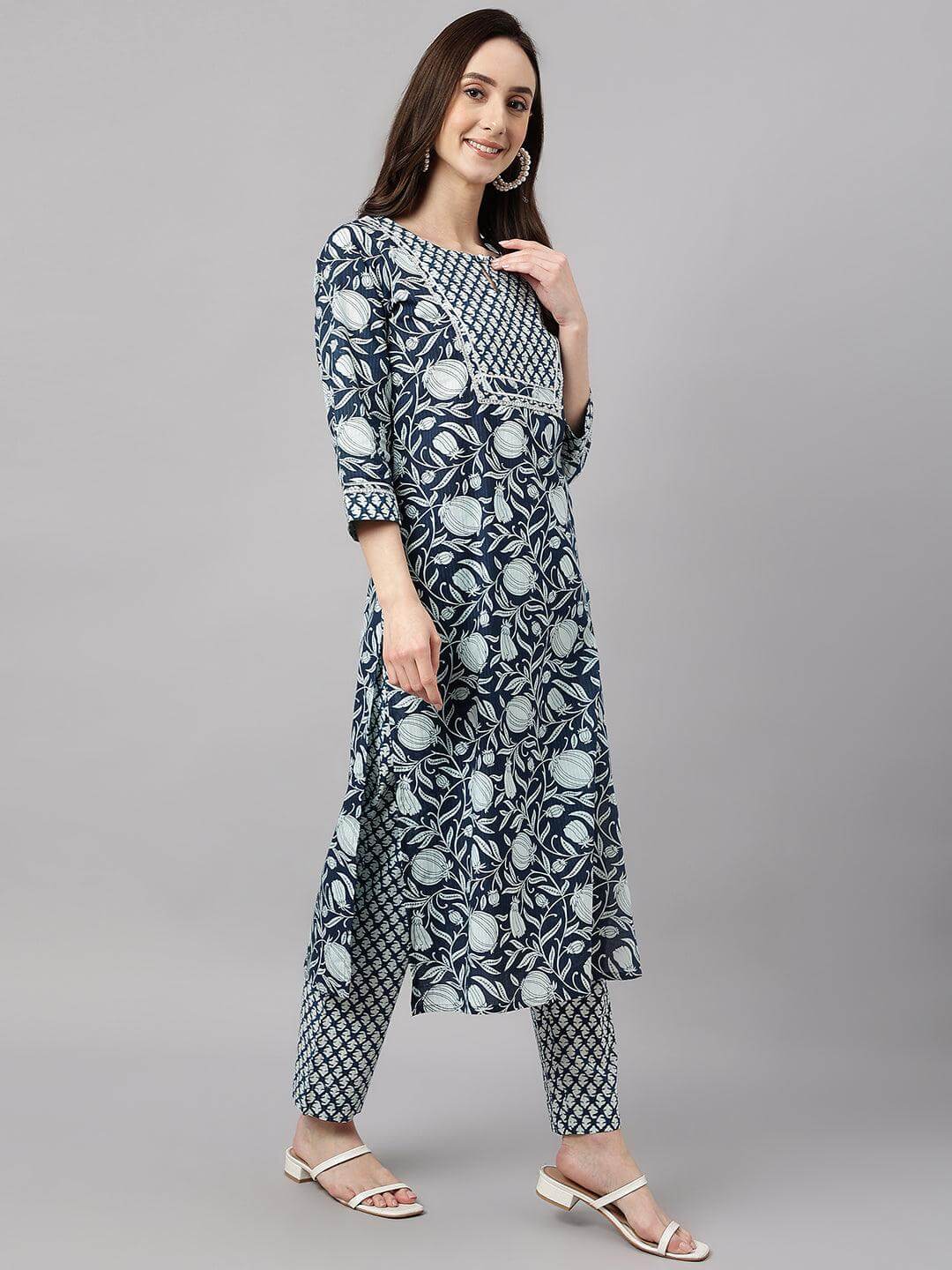 Women's Navy Blue Cotton Botanical Prints Kurta with Pant