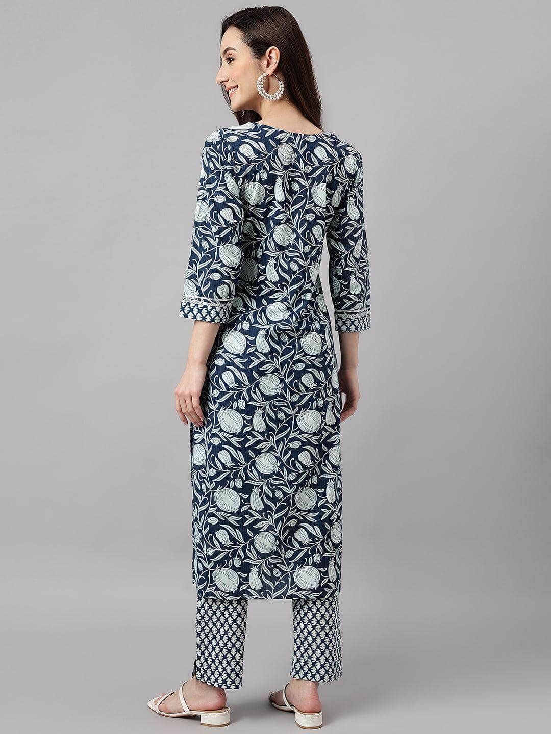 Women's Navy Blue Cotton Botanical Prints Kurta with Pant