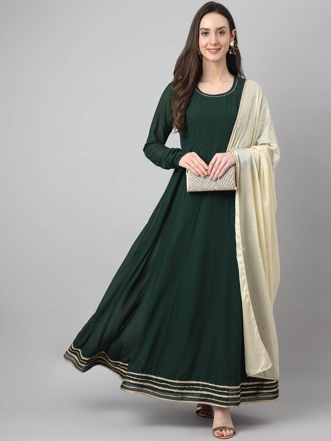 Women's Bottle Green Georgette Solid Kurta with Dupatta