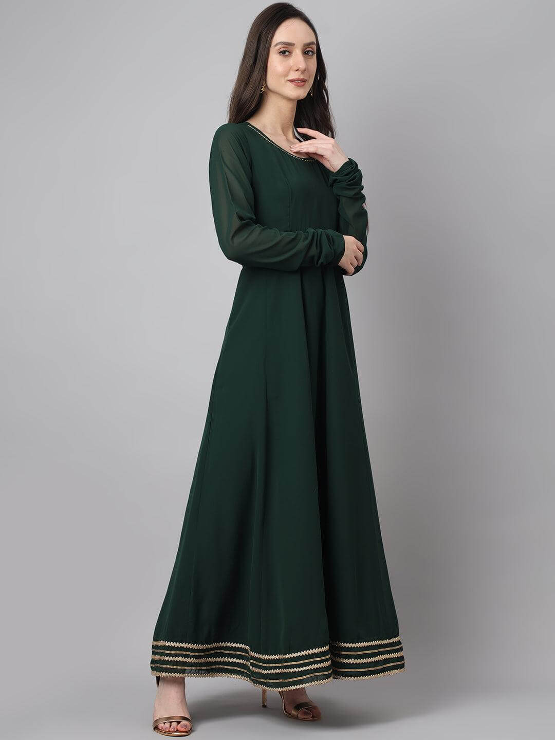 Women's Bottle Green Georgette Solid Kurta with Dupatta