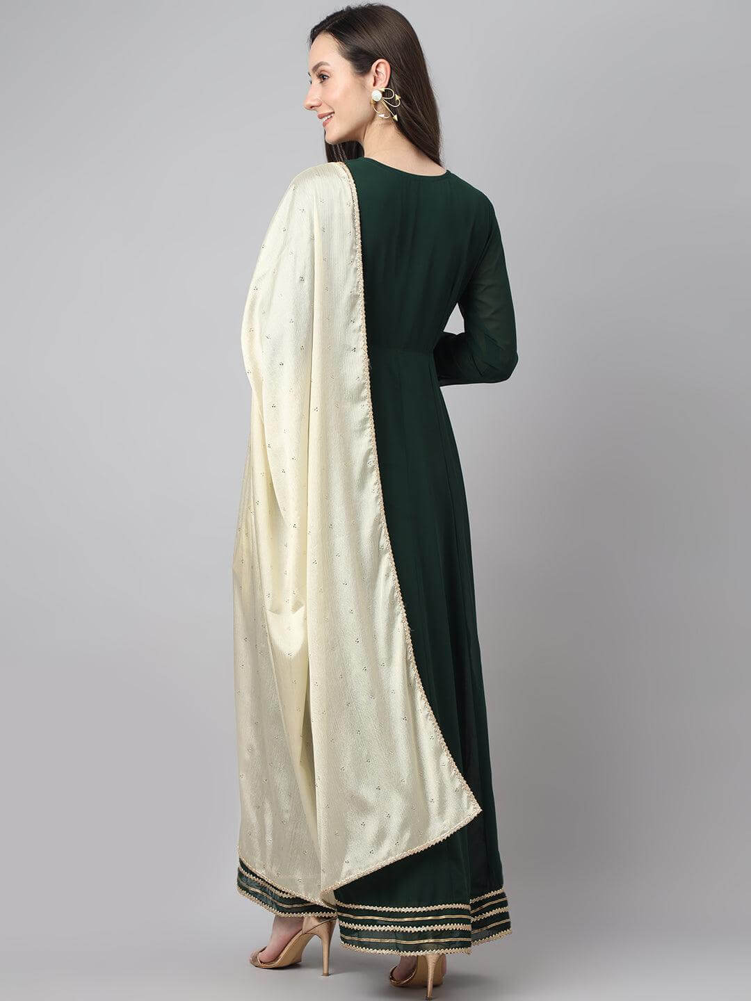 Women's Bottle Green Georgette Solid Kurta with Dupatta