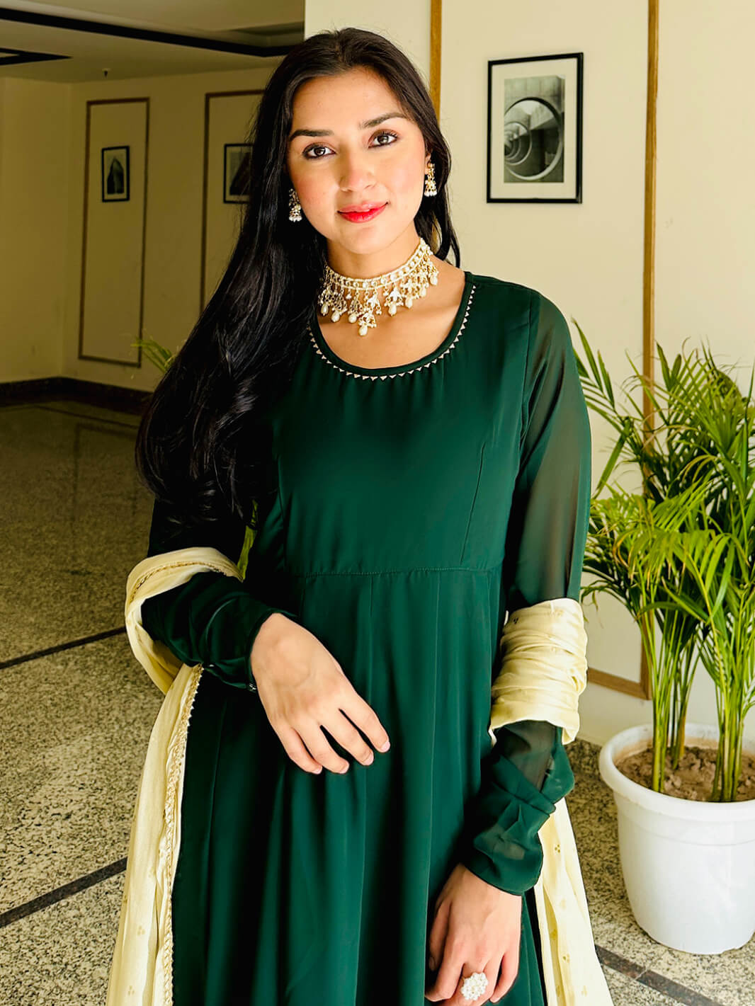 Women's Bottle Green Georgette Solid Kurta with Dupatta