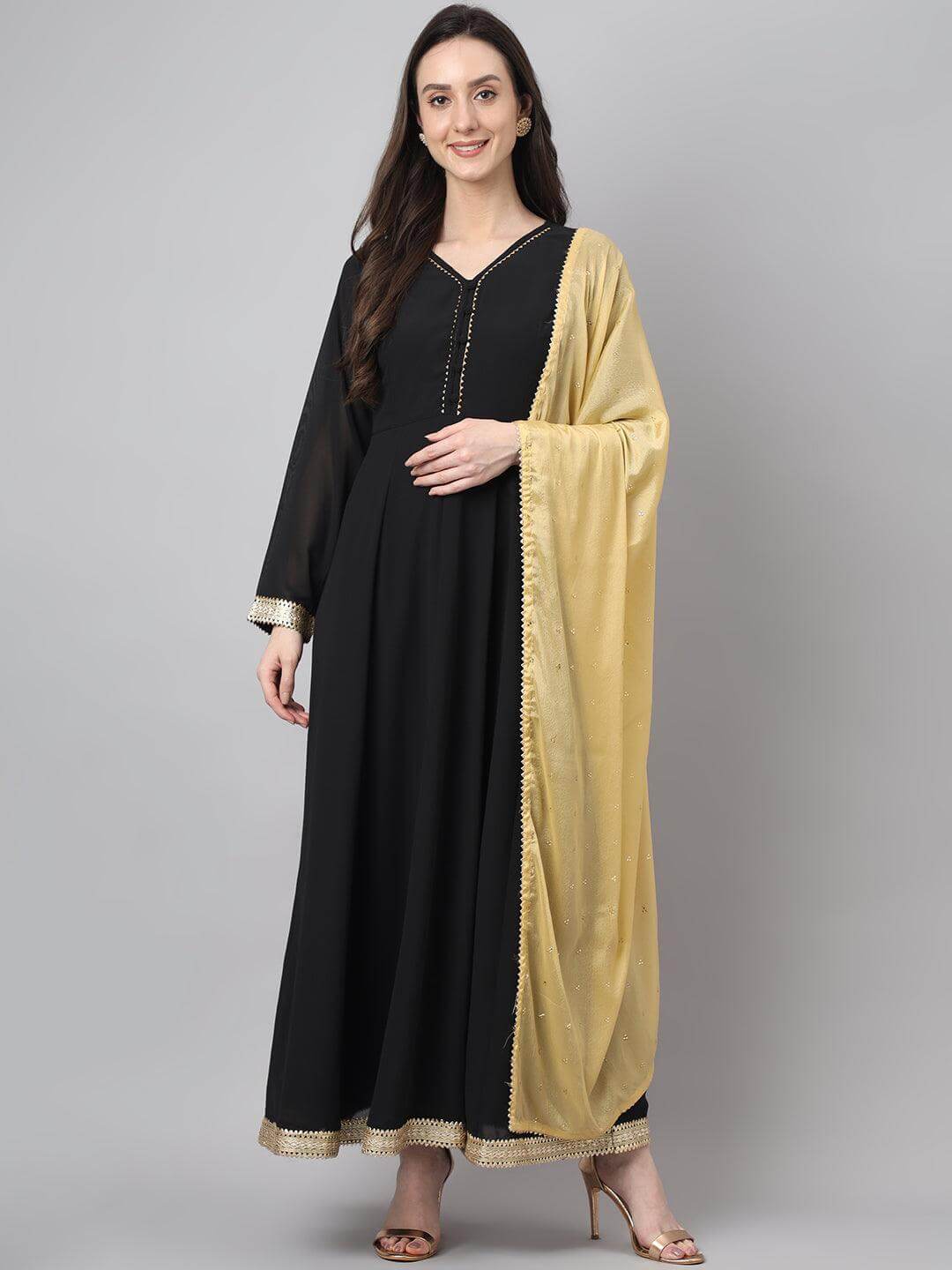 Women's Black Georgette Solid Kurta with Dupatta