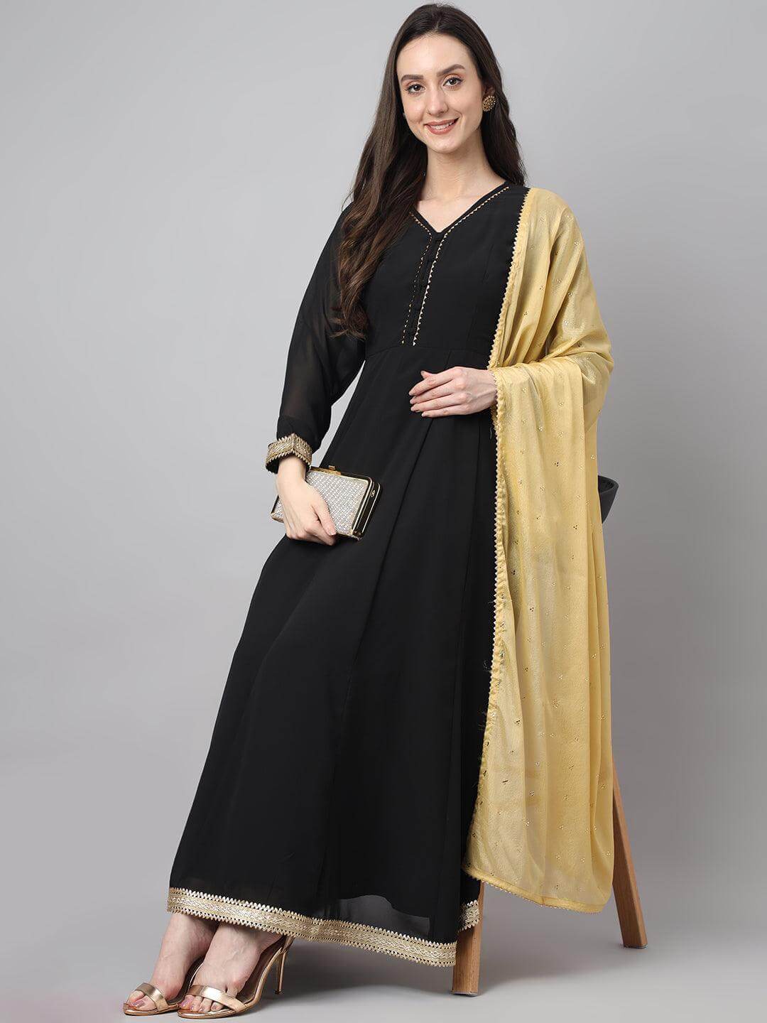 Women's Black Georgette Solid Kurta with Dupatta