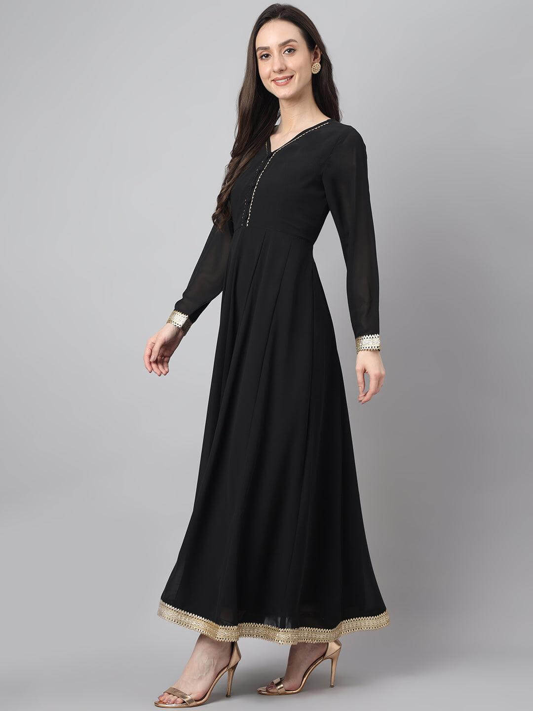 Women's Black Georgette Solid Kurta with Dupatta