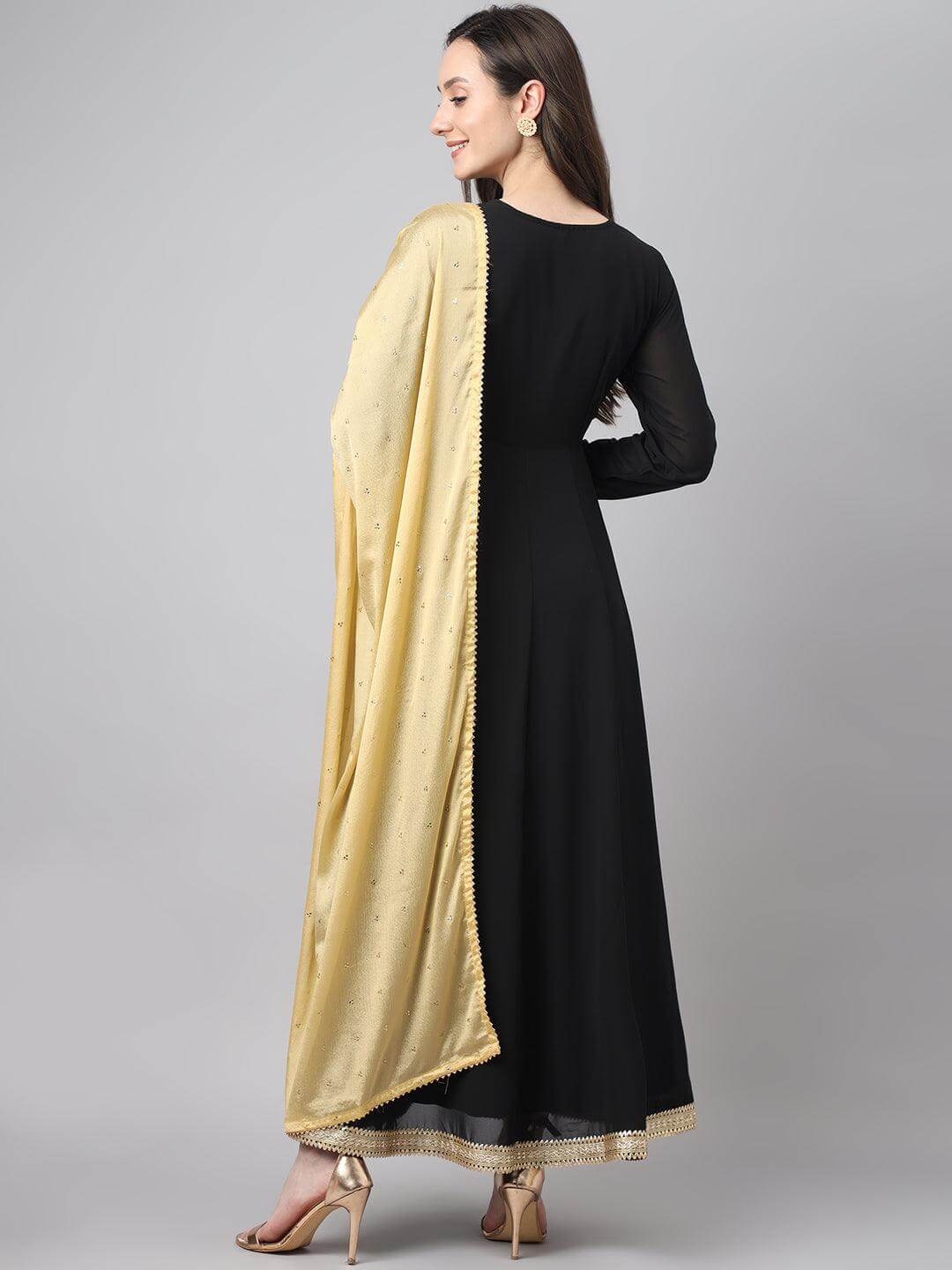 Women's Black Georgette Solid Kurta with Dupatta