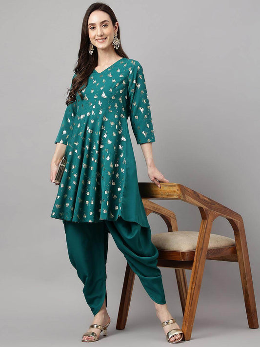Women's Peacock Green Crepe Foil Print Kurta with Dhoti Pant