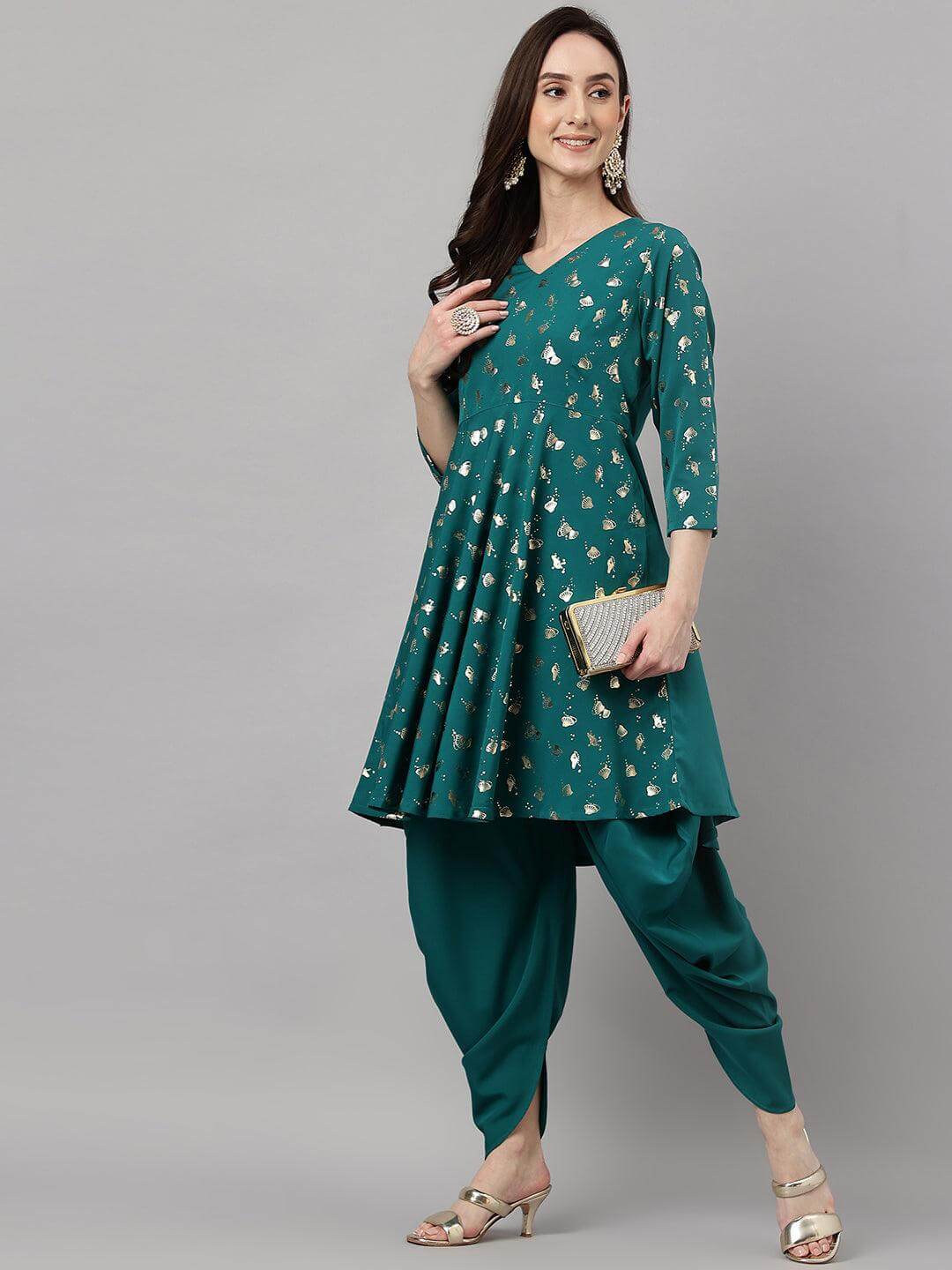Women's Peacock Green Crepe Foil Print Kurta with Dhoti Pant
