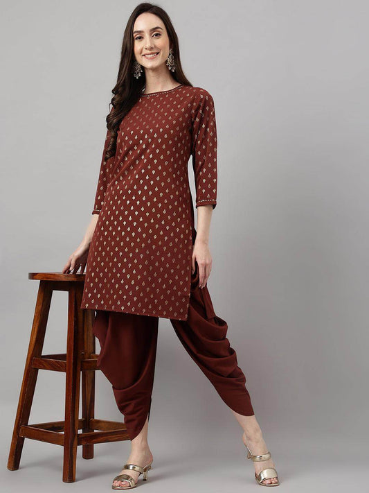 Women's Brown Crepe Foil Print Kurta with Dhoti Pant