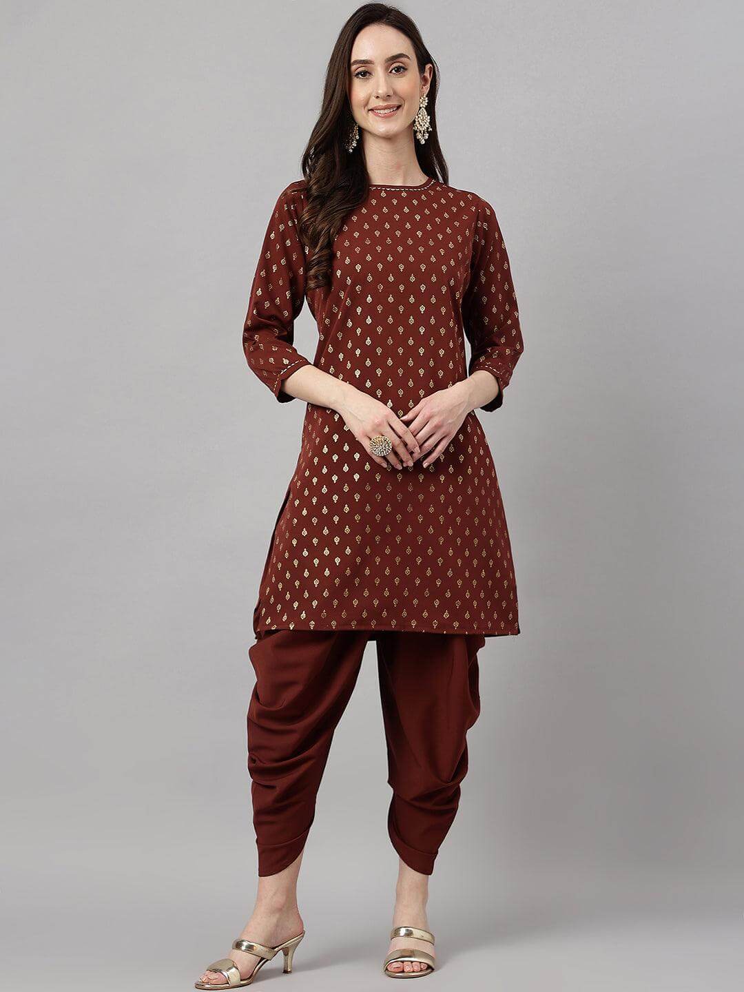 Women's Brown Crepe Foil Print Kurta with Dhoti Pant