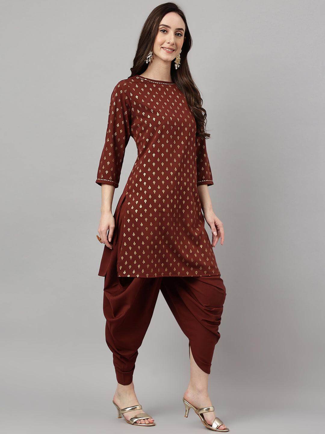 Women's Brown Crepe Foil Print Kurta with Dhoti Pant