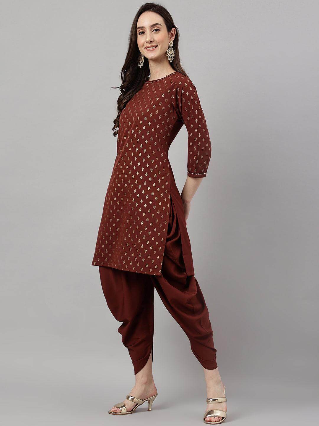 Women's Brown Crepe Foil Print Kurta with Dhoti Pant