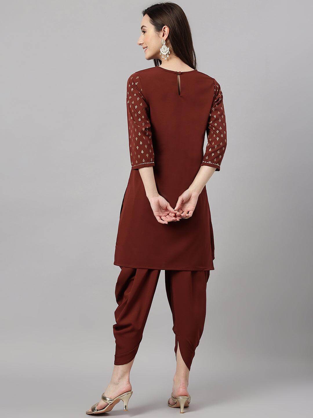Women's Brown Crepe Foil Print Kurta with Dhoti Pant