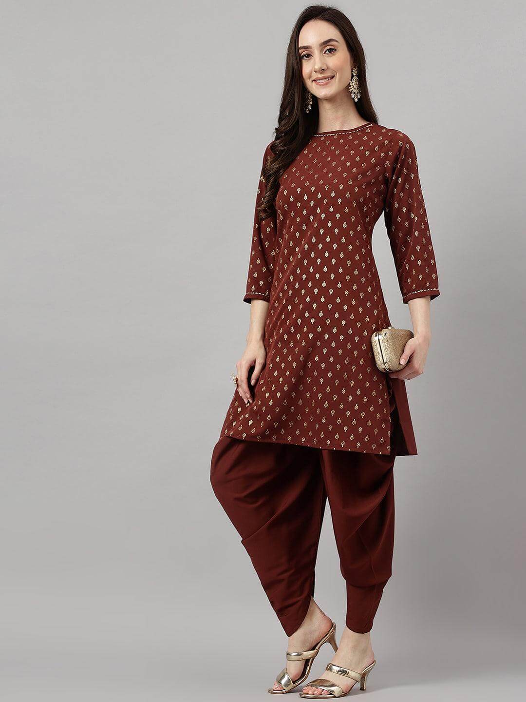 Women's Brown Crepe Foil Print Kurta with Dhoti Pant