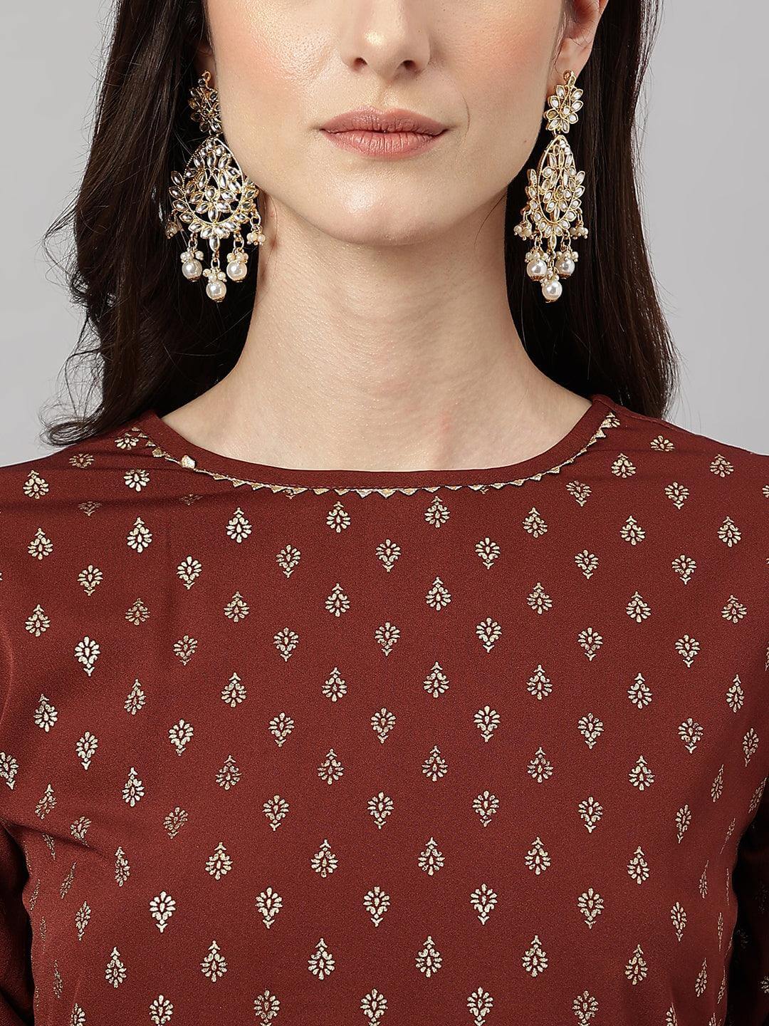Women's Brown Crepe Foil Print Kurta with Dhoti Pant