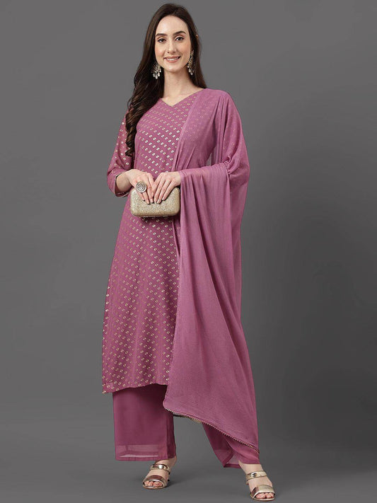 Purple Georgette Foil Print Kurta with Palazzo and Dupatta